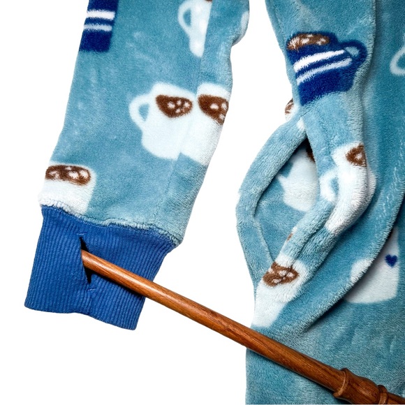 Munki Munki Womens Fleece One Piece Pajamas Hooded Cocoa Cup Print Cozy Lounge - Picture 9 of 14